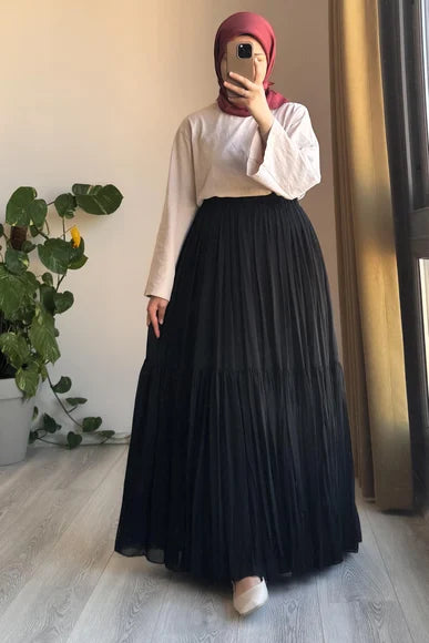 Chic Black Pleated Chiffon Modest Skirt
